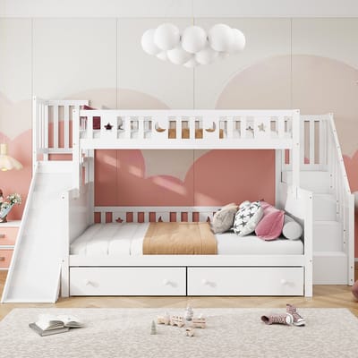 Kinderbed 90x200/140x200 cm - stapelbed - met glijbaanboekenkast - twee lades - wit - zonder matras