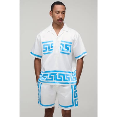 Oversized Short Sleeve Abstract Boarder Print Satin Shirt & Short Set | Blue | Size XS