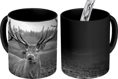 Magische Mok - Foto op Warmte Mokken - Koffiemok - Dieren - Hert - Gewei - Zwart wit - Natuur - Magic Mok - Beker - 350 ML - Theemok