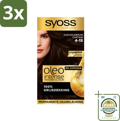 3 x SYOSS - Oleo Intense 4-15 Kastanje Bruin - Haarverf - Zonder Ammoniak - Grijsdekking - Langdurige Kleur - Grootverpakking - Haarverf - Permanent Haarkleuring - Zonder Ammoniak - Grijsdekking - Kastanjebruin