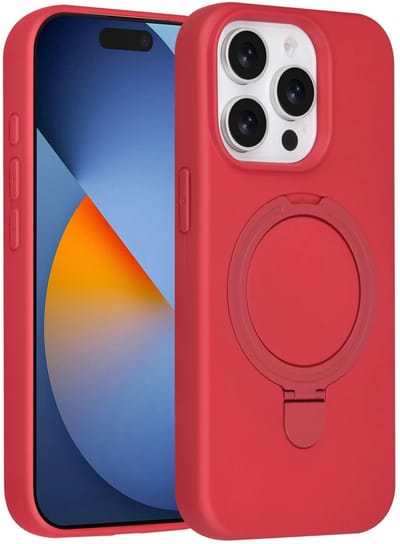 Backcover Hoesje Geschikt voor: iPhone 15 Pro Volledig Dekkende Schokbestendige Siliconen Backcover met Ringstandaard – 360° Bescherming - Cherry Red