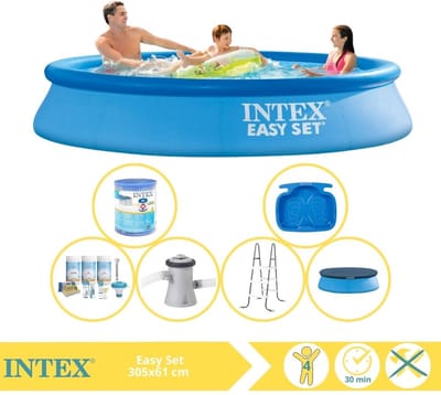 Intex Rond Opblaasbaar Easy Set Zwembad - 305 x 61 cm - Blauw - Inclusief Afdekzeil - Onderhoudspakket - Zwembadfilterpomp - Filter - Ladder - Voetenbad - 7-delig