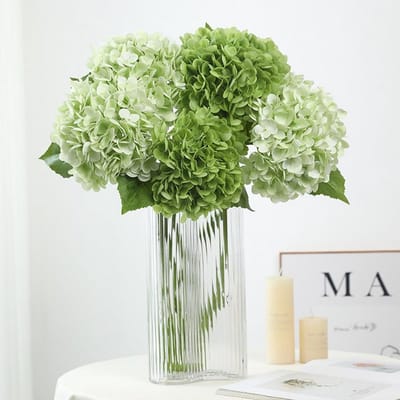 Dailygoods- Hortensia Kunstbloemen 50 cm - 4 Stuks - Real Touch Latex - Donkergroen/Lichtgroen - Blauw/Wit - Perfect voor Bruiloft Decoratie