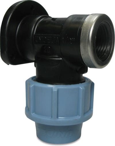 Unidelta Muurplaat 90° PP 25 mm x 3/4" knel x binnendraad 16bar zwart/blauw DVGW/KIWA/WRAS