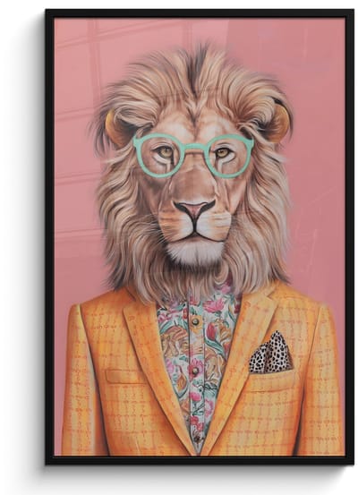 Poster in lijst - Fotolijst 80x120 cm - Posters - Leeuw - Pak - Geruit - Bril - Posterlijst zwart - Decoratie - Wanddecoratie woonkamer - Muurdecoratie slaapkamer