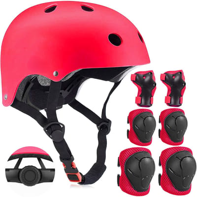 KZQ Kind Beschermingsset, Helm met Knie Elleboog en Pols Beschermers, Sportveiligheid voor Kinderen 3 tot 14 Jaar, Verstelbare Skateboard Fiets Skeeler Helm voor Meisjes en Jongens, rood