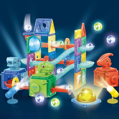 BoefieBoef Montessori Magnetisch Speelgoed met Verlichting - 123-delige Knikkerbaan Dinosaurus Bouwset - Educatief STEM Constructiespeelgoed - Cadeau vanaf 3 Jaar - Jaar - Compatibel met Magna-Tile & Magformer - jongen & meisje VerjaardagsCadeau
