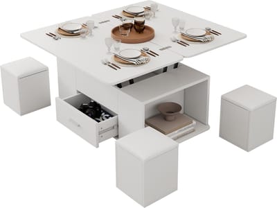 MODFU Salontafel 100x50 cm van spanplaat, uitschuifbaar tot 100x100 cm, hoogteverstelbaar, wit, 4 hockers
