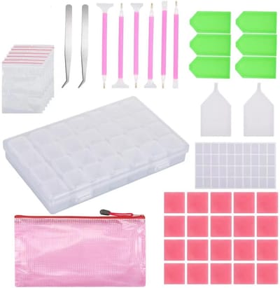 5D Diamond Painting accessoireset, 69 stuks diamantgereedschappen met opbergdoos, pen, pincet, was, pen, labelstickers, tassen, dienblad