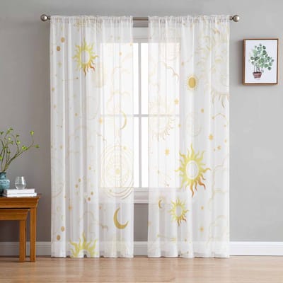 Sterren Maan Zon Abstracte Witte Transparante Gordijnen voor Woonkamerdecoratie Raamgordijnen voor Keuken Tule Voile Organza Gordijnen W135 x H137cm x1