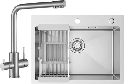 SOFETIY MAX Spoelbak voor keuken 60x45cm - Spoelbakken Keuken Met 3 Wege Keukenkraan - 1 Gootsteen RVS - Wasbak Keuken Met Aftapmand en Waterafvoersysteem