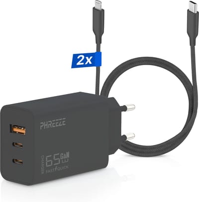65w oplaadstekker 3 poorten geschikt voor Apple iPhone / iPad / AirPods + Lightning naar USB-C kabel - 2 meter