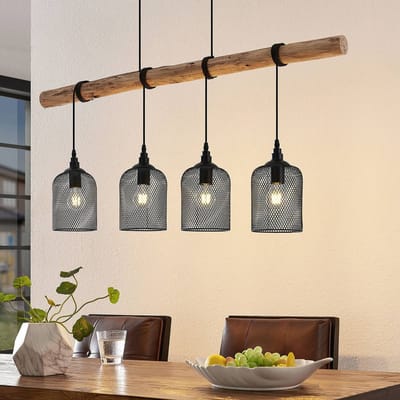Lindby - hanglamp - 4lichts - Metaal, hout - H: 24.5 cm - E27 - matzwart, licht hout