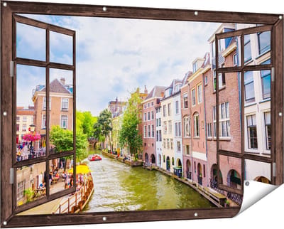 Gards Tuinposter Doorkijk Huizen aan de Oudegracht in Utrecht - 150x100 cm - Tuindoek - Tuindecoratie - Wanddecoratie buiten - Tuinschilderij