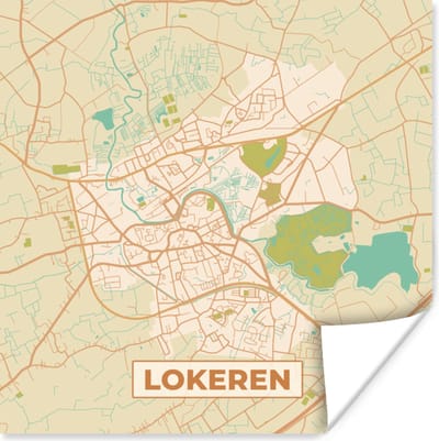 Poster Kaart - Vintage - Stadskaart - Plattegrond - Lokeren - 100x100 cm XXL