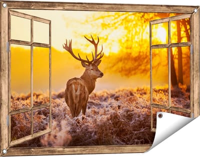 Gards Tuinposter Doorkijk Hert in Bos tijdens de Zonsopkomst - 90x60 cm - Tuindoek - Tuindecoratie - Wanddecoratie buiten - Tuinschilderij