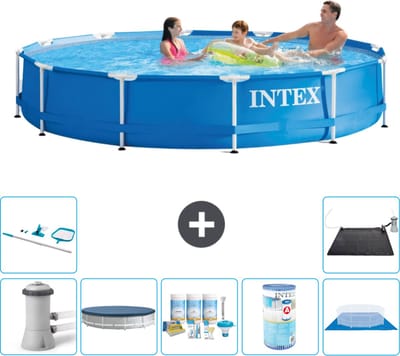 Intex Rond Frame Zwembad - 366 x 76 cm - Blauw - Inclusief Pomp - Afdekzeil - Onderhoudspakket - Filter - Grondzeil - Schoonmaakset - Solar Mat - 8-delig