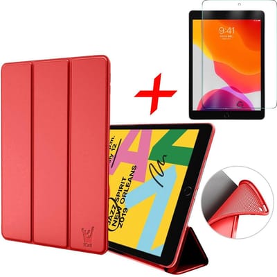 Hoesje geschikt voor iPad 2020 / 2019 10.2 en Screenprotector - Trifold Tablet Case Rood