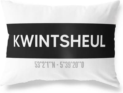 Tuinkussen KWINTSHEUL - ZUID-HOLLAND met coördinaten - Buitenkussen - Bootkussen - Weerbestendig - Jouw Plaats - Studio216 - Modern - Zwart-Wit - 50x30cm