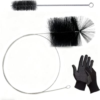 Set van 2 RVS Schoonmaakborstels voor Kachelpijp, Inclusief Zwarte Handschoenen, Duurzame Borstel met Duwstang en 30 cm Tube Borstel voor Kachel, Schouw en Open Haard
