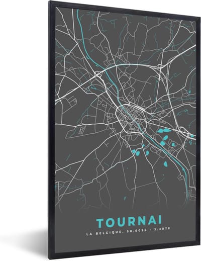 Fotolijst incl. Poster - Kaart – Plattegrond – Stadskaart – Tournai – België - Grijs - 40x60 cm - Posterlijst