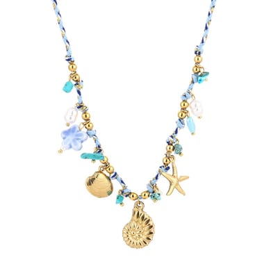 Ketting Touw Maritiem - Blauw / Goud - Kleurvast Stainless Steel - Touwketting met bedels - Verkleurt niet