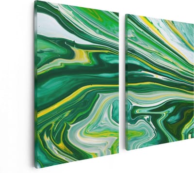 Artaza Canvas Schilderij Tweeluik Abstracte Kunst - Groen met Gele Verf - 80x60 - Foto Op Canvas - Canvas Print