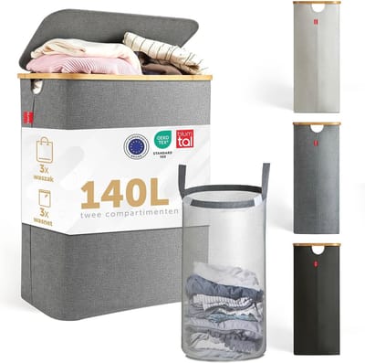 Wasmand 140L met 2 vakken en deksel - Smalle en praktische wasoplossing - Inclusief verwisselbare waszakken