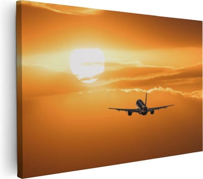 Artaza Canvas Schilderij Zonsondergang - 30x20 cm - Klein - Wanddecoratie Vliegtuig - Muurdecoratie Zon - Kamer Accessoires