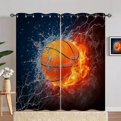 2 Panelen Vlam Basketbal Gordijnen Jongens Basketbal Sport Gordijnen Raamdecoratie Tieners Kinderen Slaapkamer Cool 3D Basketbal Bedrukt. 150x166cm orange