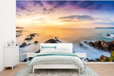 Behang - Fotobehang Zonsondergang - Horizon - Water - Landschap - Blauw - Breedte 295 cm x hoogte 220 cm