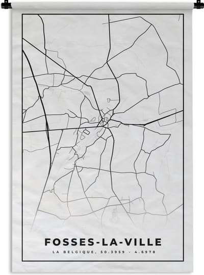 Wandkleed - Wanddoek - Plattegrond – Fosses la Ville – Zwart Wit – Stadskaart - Kaart - België - 120x180 cm - Wandtapijt