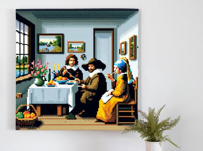 Pixel art vermeer schilderij | Vermeer's meesterwerk tot leven gebracht in digitale pixelkunst | Kunst - 60x60 centimeter op Canvas | Foto op Canvas