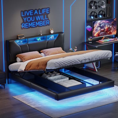 Modern gestoffeerd bed, zwart PU-leren tweepersoonsbed, 140x200cm Functioneel bed met USB-aansluiting en LED-verlichting Verborgen opbergruimte (verzonden in 2 pakketten)
