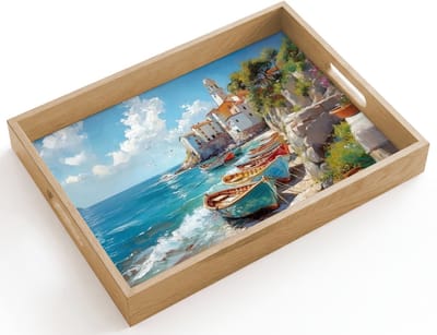 Dienblad hout 40x30 cm - Schootdienblad - Boten - Rotsen - Zee - Zon - Borrelplank rechthoek - Plateau dienbladen