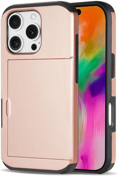 Hoesje met Kaarthouder Slider Geschikt voor Apple iPhone 16 Pro | Back Cover Pasjeshouder Achterkant | Kaarthouder voor Twee Pasjes | Roze