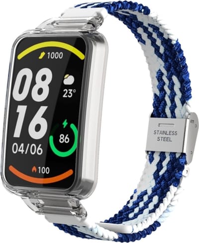 By Qubix - Braided nylon bandje met case - Blauw met wit - Geschikt voor Xiaomi Smart Band 7 Pro / Mi Band 7 Pro bandje