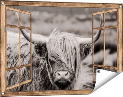 Gards Tuinposter Doorkijk Schotse Hooglander Koe - Zwart Wit - 90x60 cm - Tuindoek - Tuindecoratie - Wanddecoratie buiten - Tuinschilderij