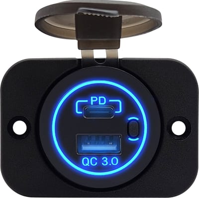 ProRide 12V USB/USB C Stopcontact 2 Poorten Inbouw met Schakelaar - QC3.0 - USB Autolader, Boot en Camper - Complete set - Blauw