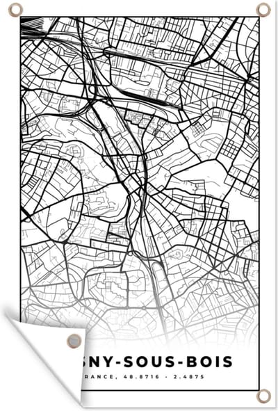 Muurdecoratie Kaart - Plattegrond - Rosny-sous-Bois - Frankrijk - Stadskaart - Zwart wit - 120x180 cm - Tuinposter - Tuindoek