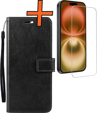 Hoes - Met Screenprotector - Geschikt voor Apple iPhone 16 - Luxe Pasjeshouder - Bookcase Portemonee - Flip Case - Kunstleer Book Case - Flipcase - Book Cover - Walletcase - PortemonneeHoes - Zwart