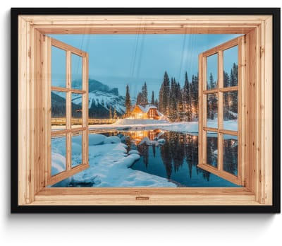 Poster in lijst - Fotolijst 70x50 cm - Posters - Winterlandschap - Natuur - Huis - Bergen - Doorkijk - Raam - Posterlijst zwart - Decoratie - Wanddecoratie woonkamer - Muurdecoratie slaapkamer