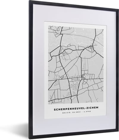 Fotolijst incl. Poster Zwart Wit- Kaart – Plattegrond – Stadskaart – Scherpenheuvel Zichem – België – Zwart Wit - 30x40 cm - Posterlijst