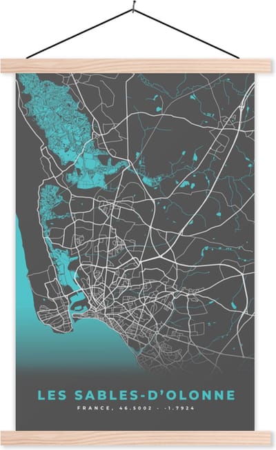 Posterhanger incl. Poster 40x60 cm - Schoolplaat - Frankrijk - Plattegrond - Stadskaart - Les Sables-d'Olonne - Kaart - Textielposter - Blanke latten - Stadskaart