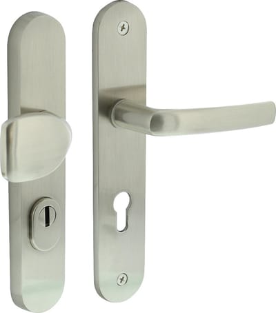 Intersteel Voordeurbeslag ovaal greep/kruk profielcilindergat 72 mm met kerntrekbeveiliging nikkel mat