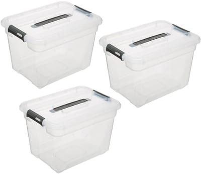5Five opberg kist met deksel - 3x - Solutions Box - 18 liter - 39 x 29 x 27 cm - kunststof - transparant