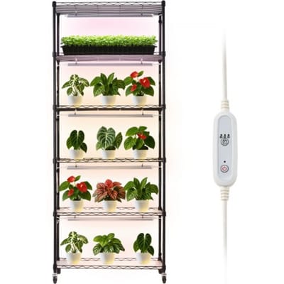 VEVOR Plantenrek met Kweeklamp, Plantenstandaard met 6 Lagen, Wielen en Timer van 4/9/14 Uur, 150W 3-kleuren Full Spectrum Lampen, Bloemenrek voor Zaaien, 75x35x180cm