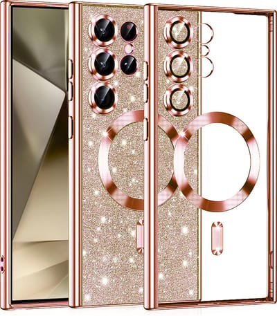 Hoesje geschikt voor Samsung Galaxy S24 Ultra - Techsuit Luxury Glitter Back Cover - Geschikt voor MagSafe - Roségoud