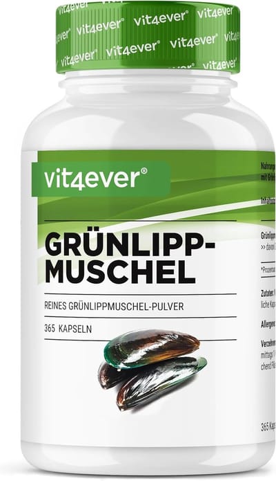 Groenlipmossel - 365 capsules met elk 600 mg - Premium: met glycosaminoglycanen - hoge dosering groenlipmosselextract - 100% groenlipmosselpoeder uit Nieuw-Zeeland zonder toevoegingen - laboratorium getest - Vit4ever