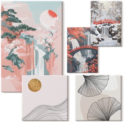 Wallfluent Set van canvas schilderijen - Natuurlijke landschappen met watervallen en Japanse vegetatie Canvas Schilderijen Set - Set van 5 Canvas Schilderijen - Roze Set van Canvas Prints - Landschappen Canvas Kunst Set - Boheemse Canvas Kunst Set